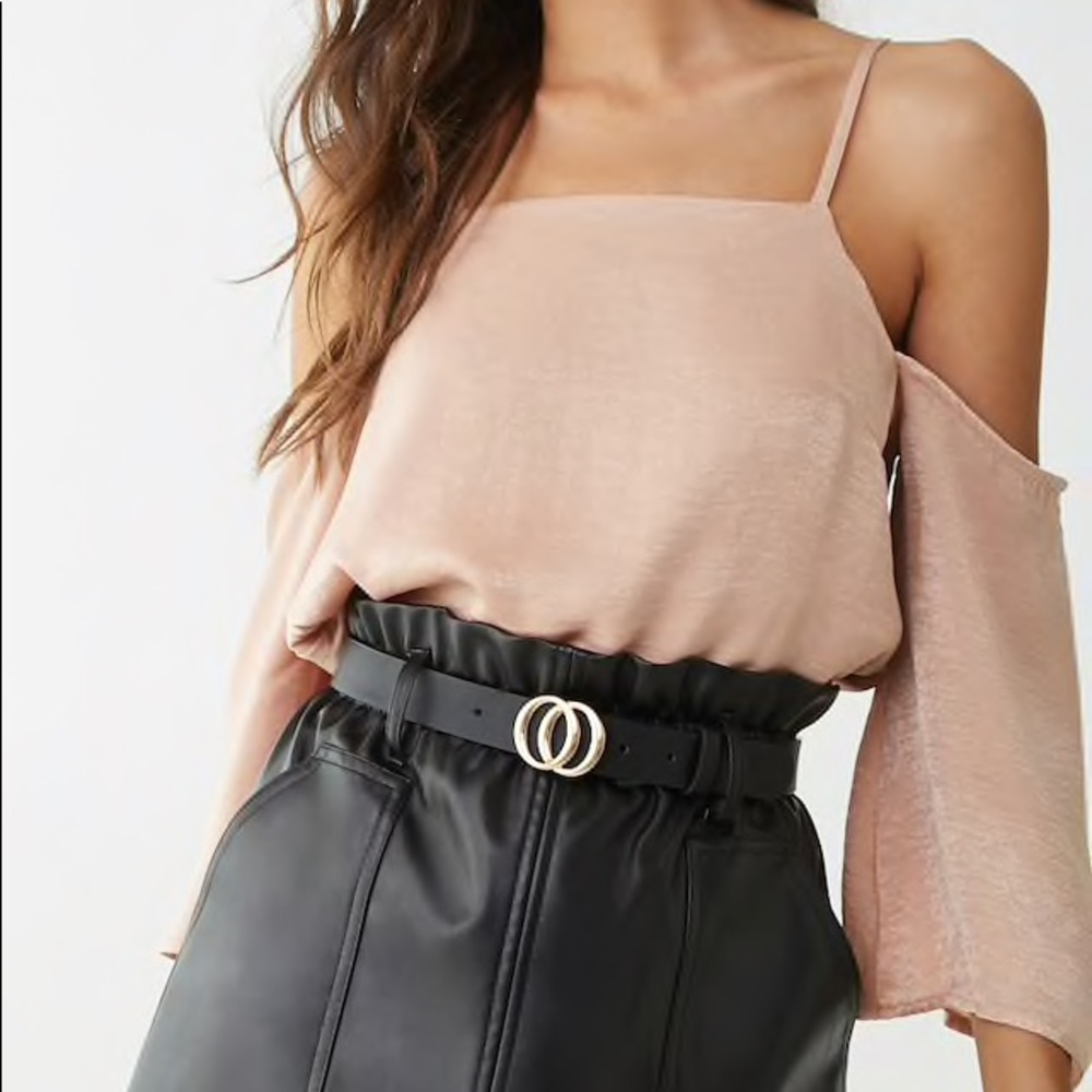 Satin Open-Shoulder Bell Sleeve Top